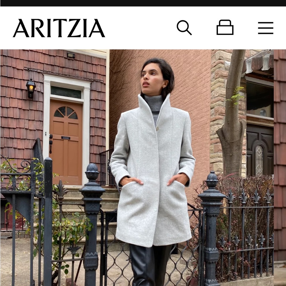 Aritzia Gray Trench Coat with High Collar and Minimalist Design